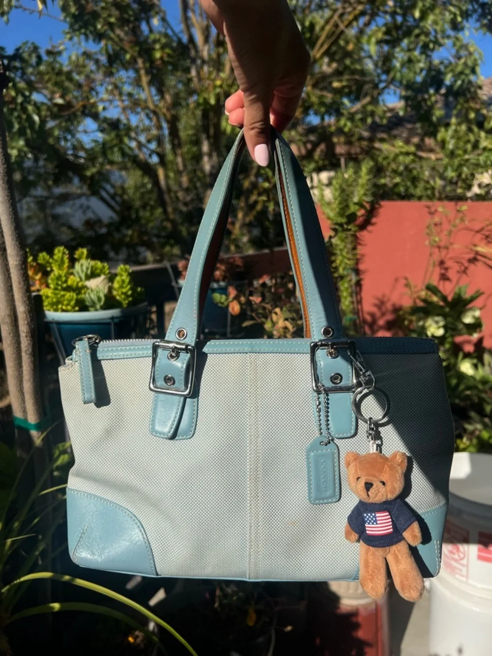 Coach Light Blue Canvas Tote with Bear Charm